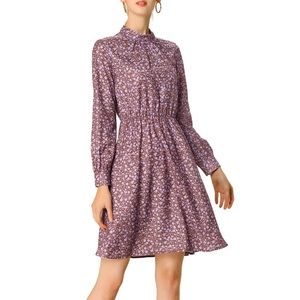 NWT Allegra K Women's Floral Flare Mock Neck Long Sleeve Dress